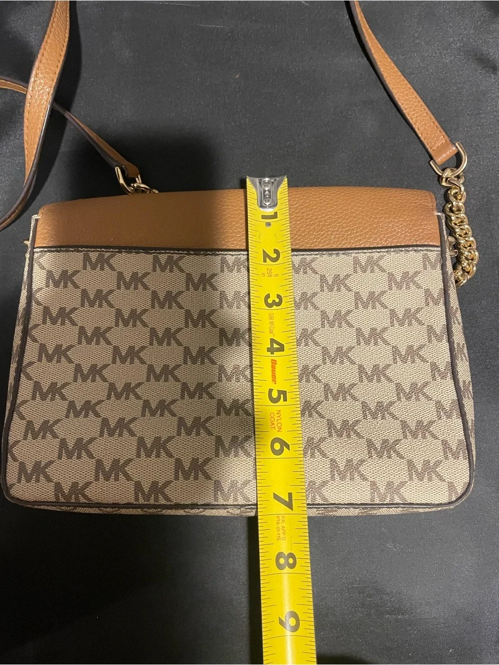 Michael Kors Brown/White Logo Crossbody Bag, Snap Closure, Gold Hardware
